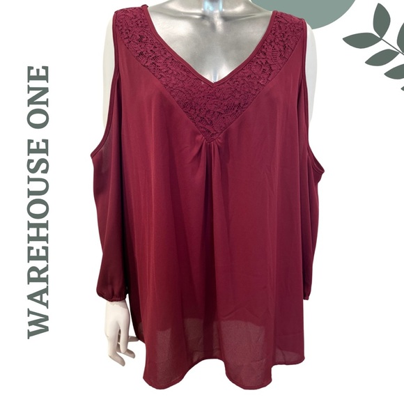 🛍️3/ $40 Warehouse One Burgundy Cold Shoulder Blouse Long Sleeve Plus Size XXXL - Picture 1 of 5